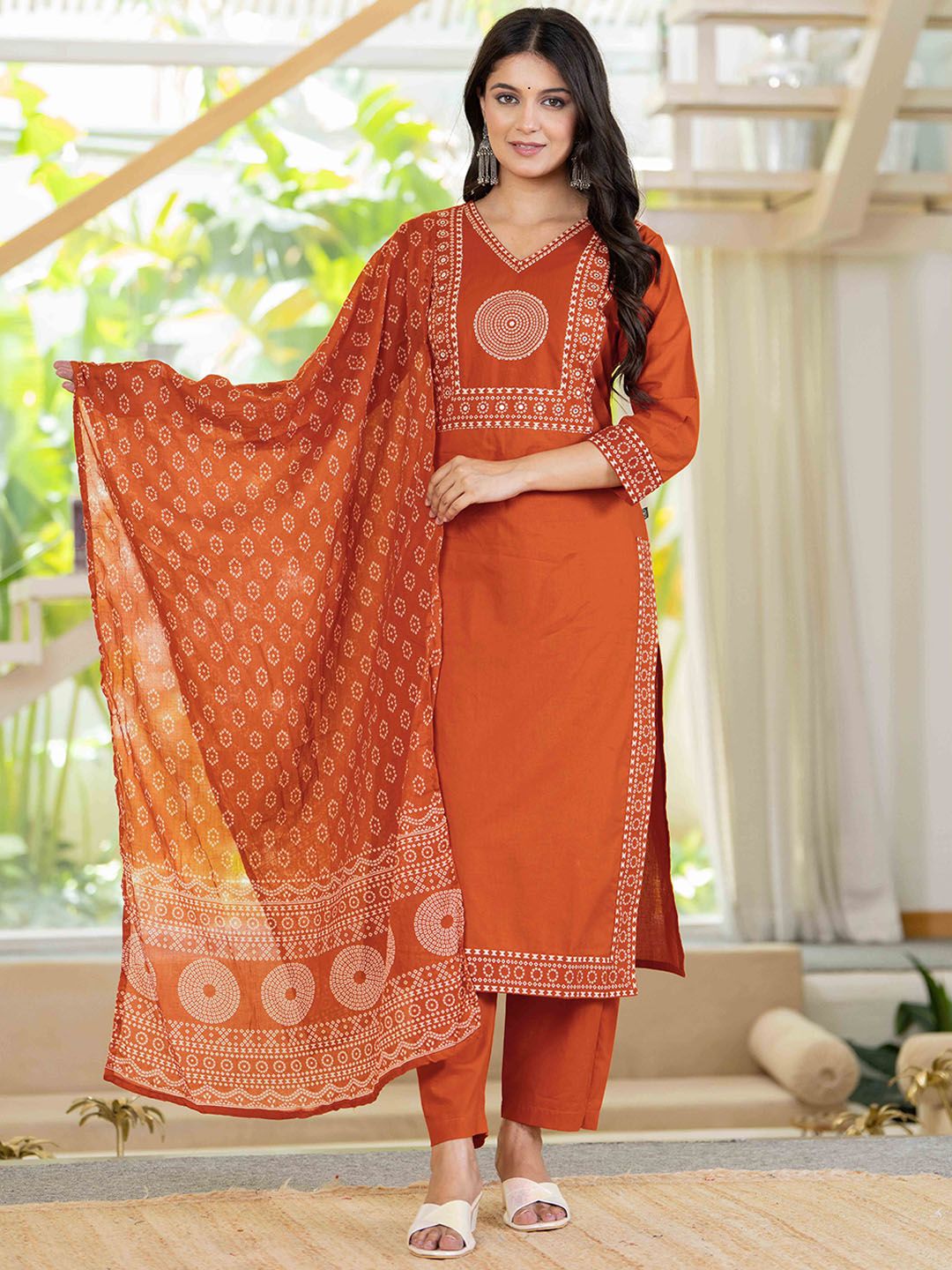 Pistaa Women Bandhani Yoke Design Pure Cotton Mirror Work Kurta with Trousers & Dupatta