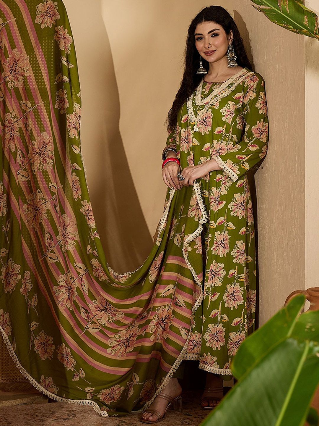 Sangria Floral Printed Pure Cotton Anarkali Kurta Trouser & Dupatta Set