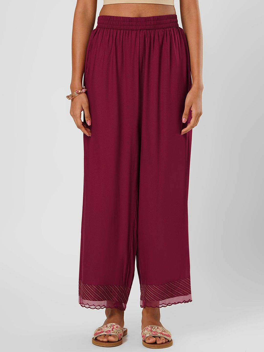 RANGMANCH BY PANTALOONS Women Embroidered Pleated Trousers-picture-15