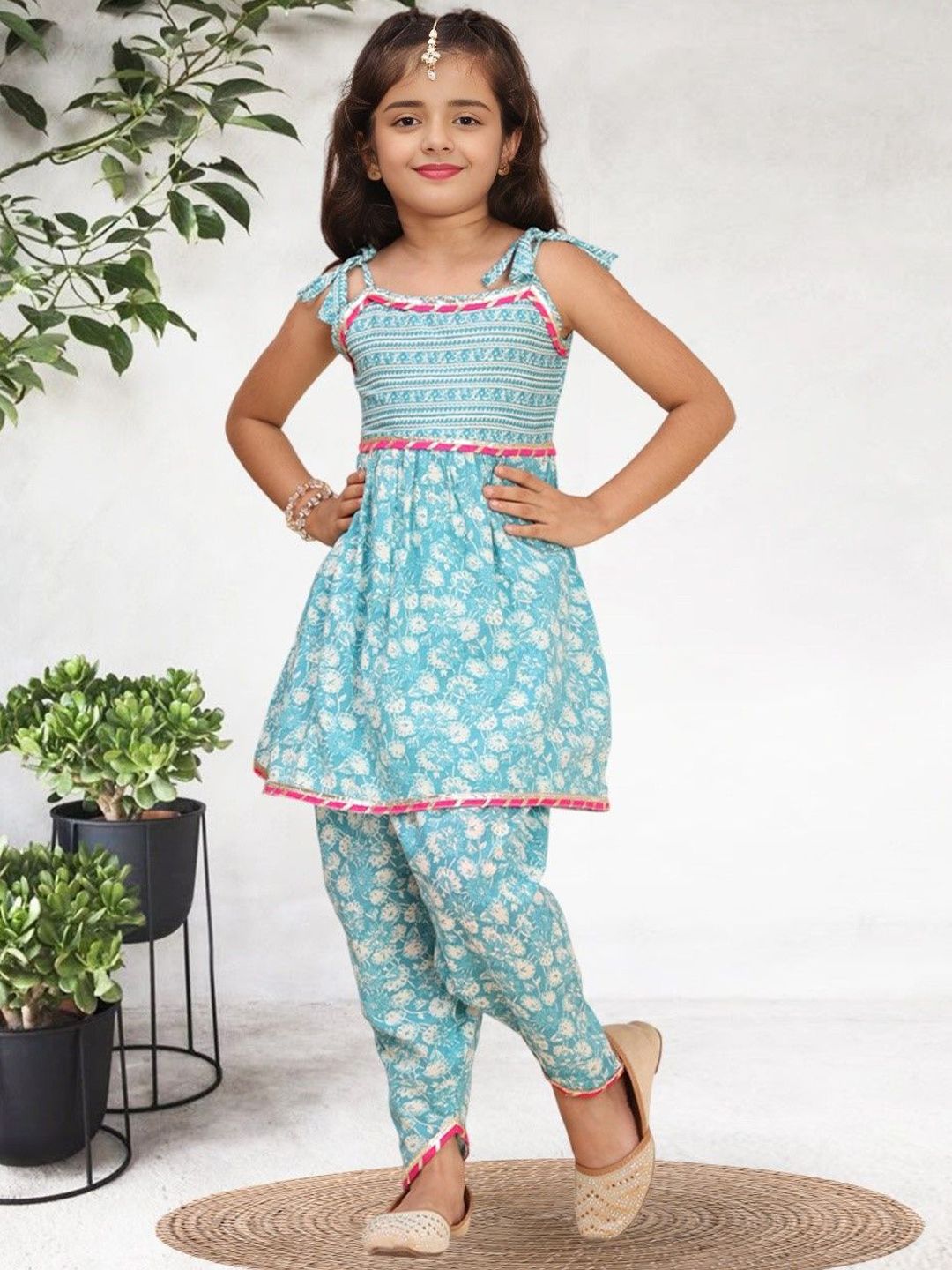 Cutiekins Girls Floral Printed Shoulder Straps Gotta Patti A-Line Kurta With Dhoti Pants-picture-30