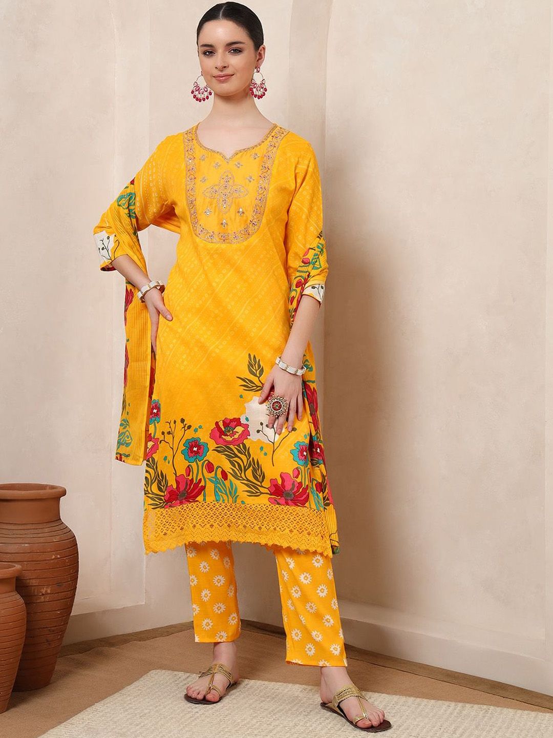 Spera Floral Printed Notch Neck Sequinned Straight Kurta With Trousers & Dupatta