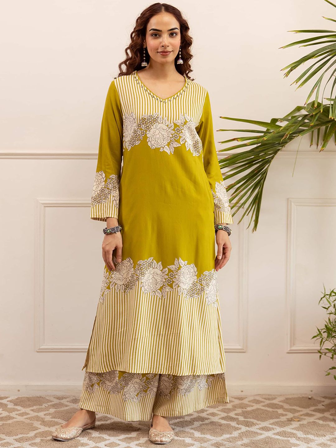 KALINI Floral Printed V-Neck Straight Kurta With Palazzos