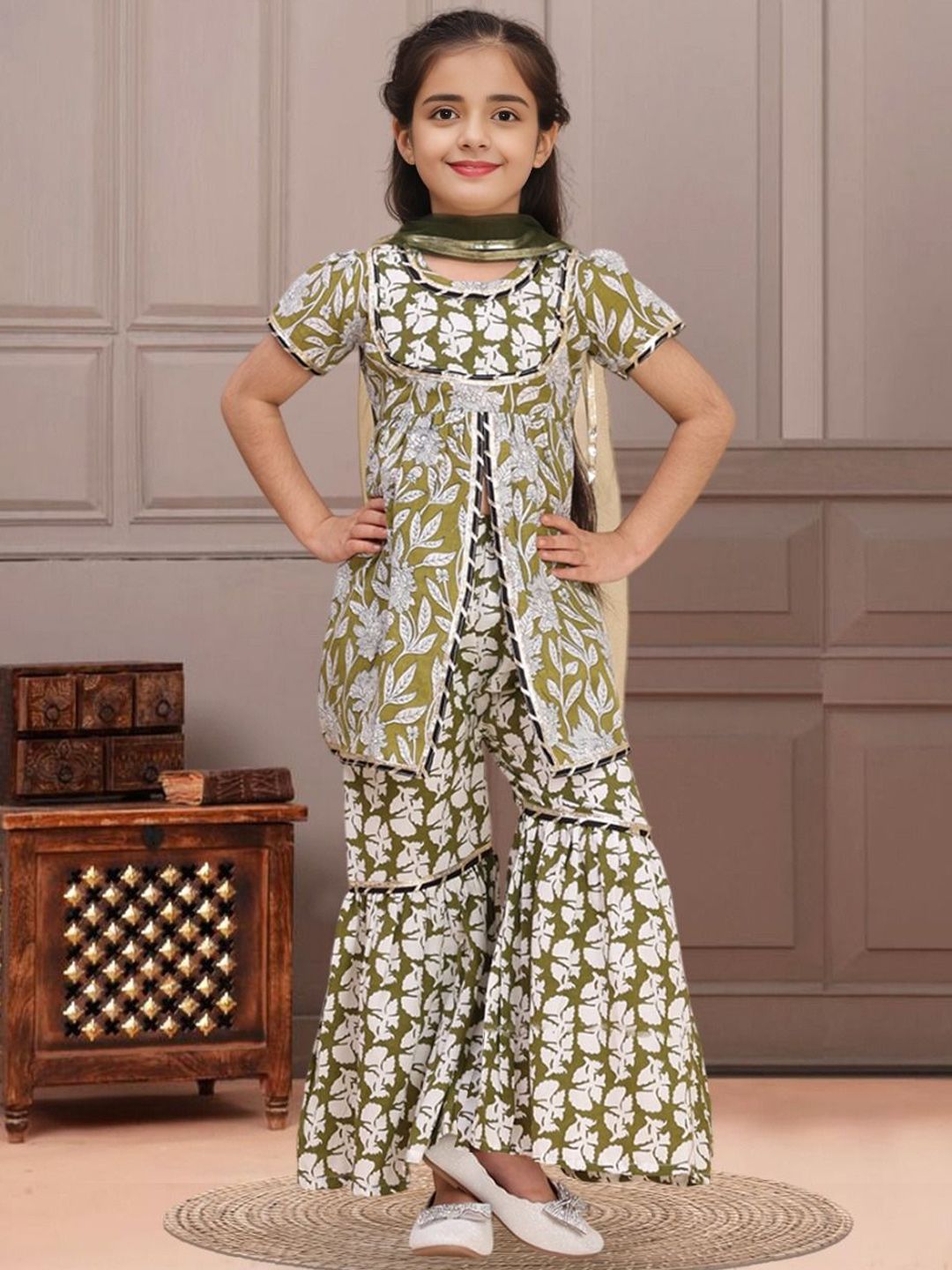 Cutiekins Girls Floral Printed Round Neck Gotta Patti A-Line Kurta With Sharara & Dupatta-picture-56