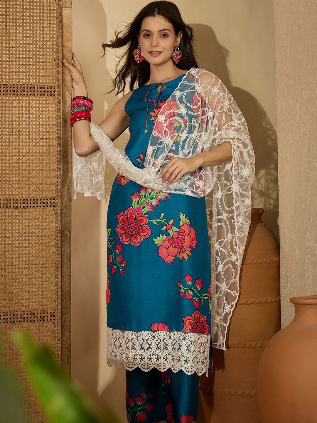 Sangria Women Floral Printed Straight Kurta & Palazzo With Dupatta