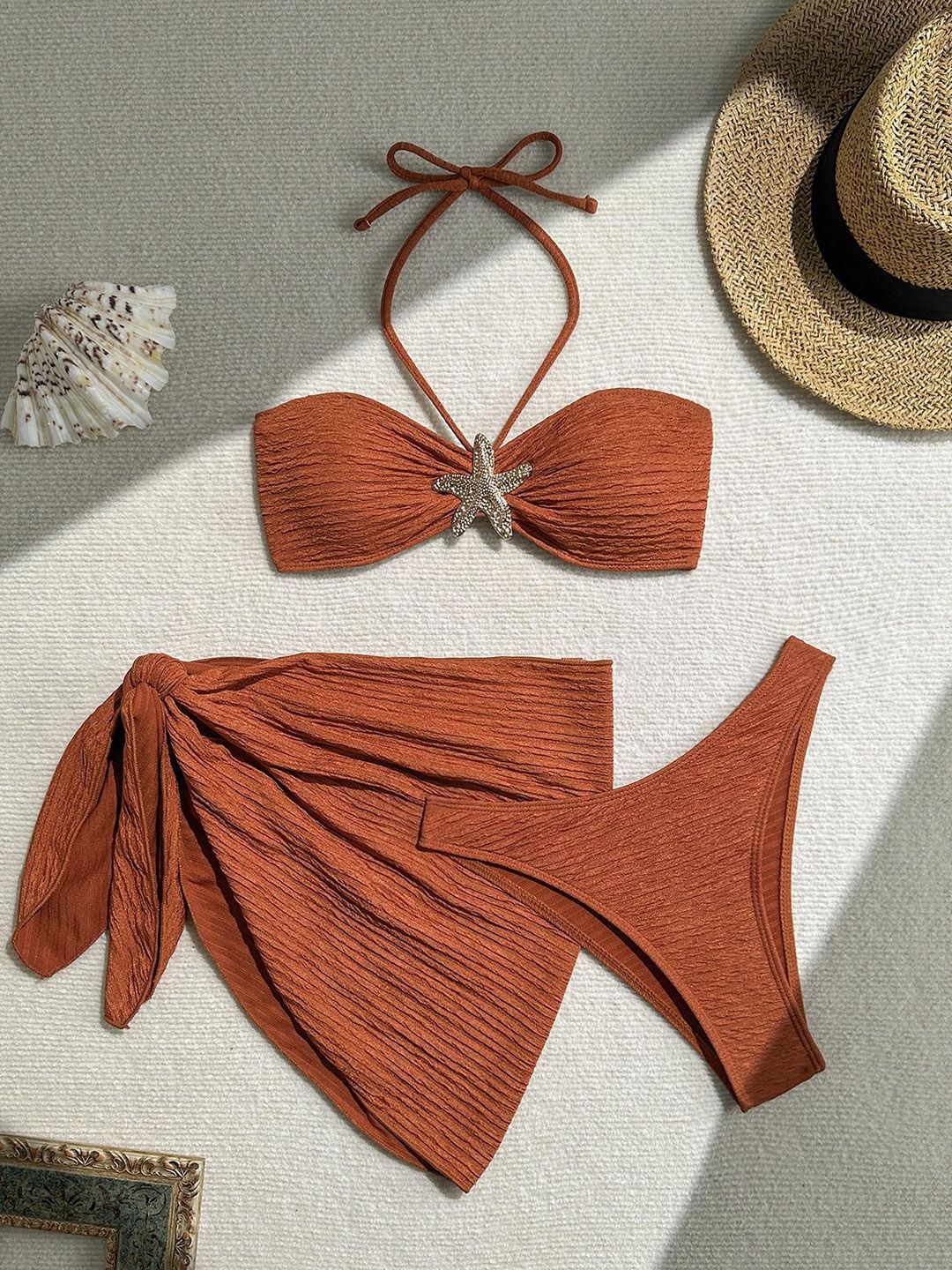 Miss Mosa By Akanksha Inaya Summer Bikini Set Of 3 In Rust-image-28