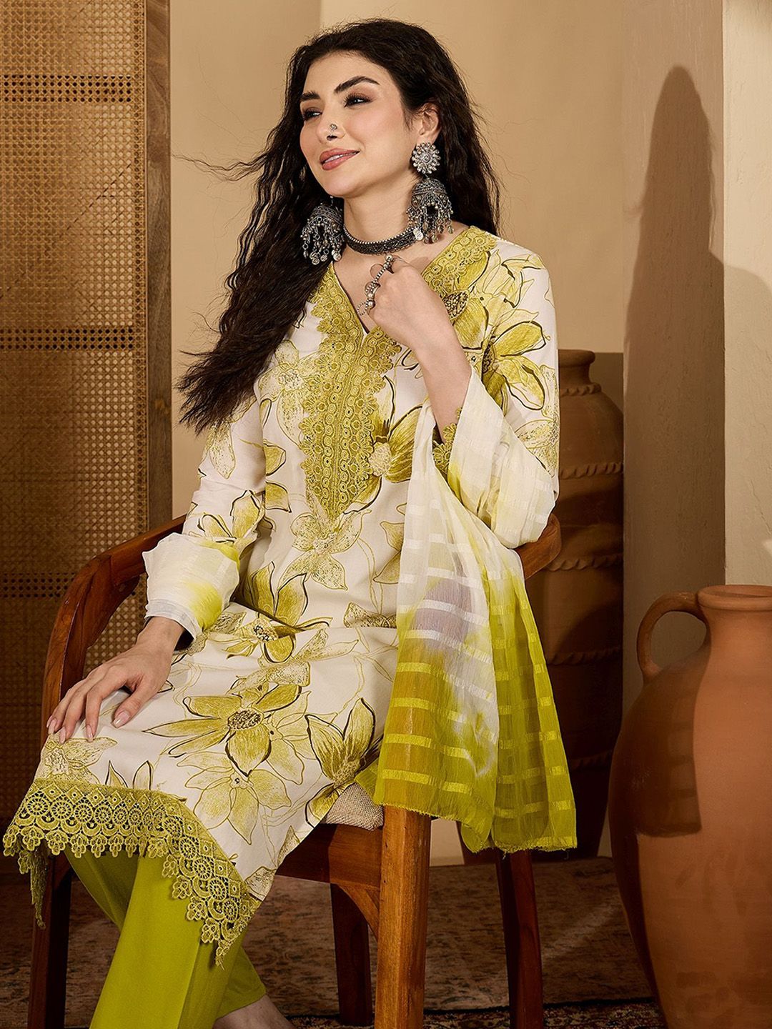 Sangria Floral Print Thread Work Straight Kurta with Trousers & Dupatta