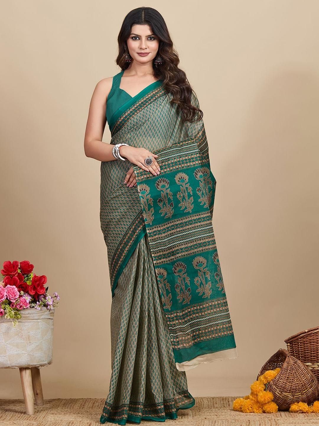 SHANVIKA Ethnic Motifs Printed Pure Cotton Saree-picture-35