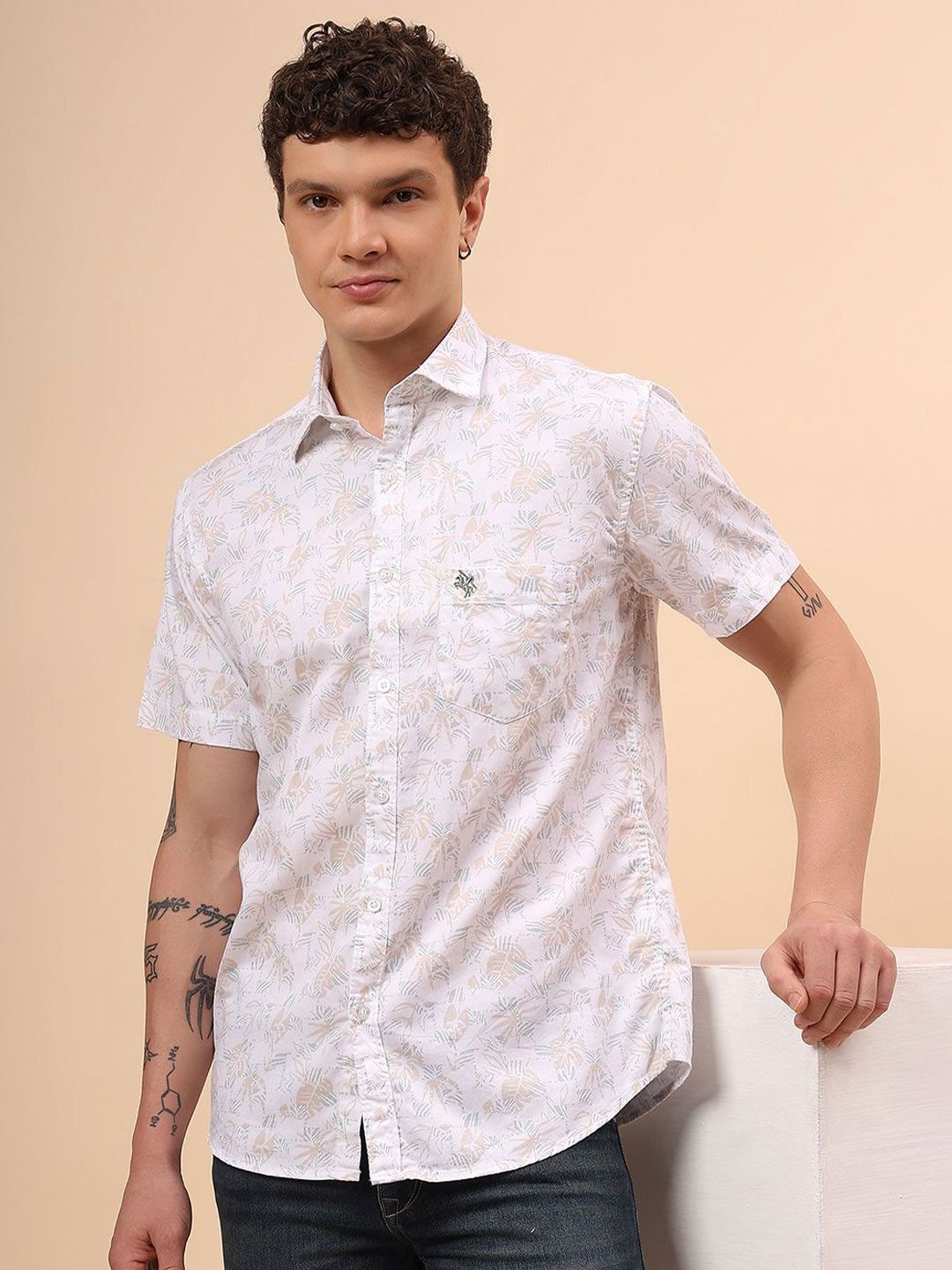 Cantabil Men Comfort Regular Fit Floral Printed Spread Collar Cotton Casual Shirt-image-8