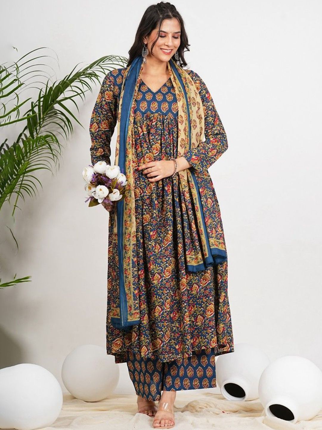 GULMEHAK Women Floral Printed Pure Cotton Kurta with Palazzos & Dupatta