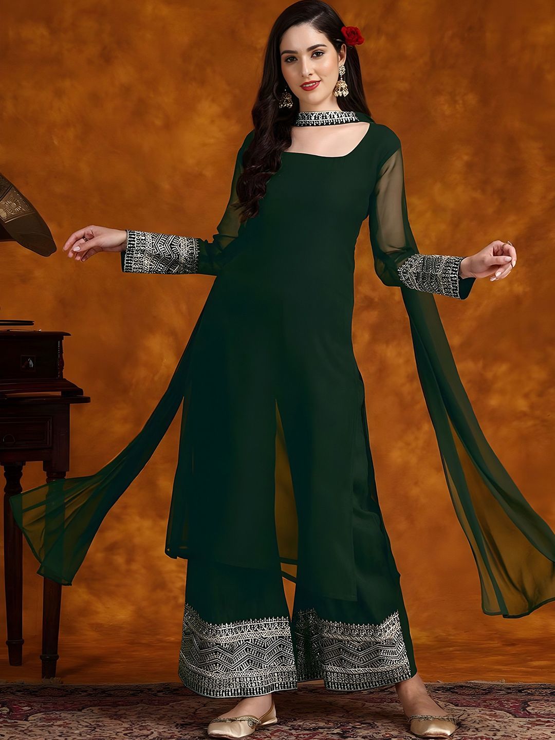 Maeswag Women Square Neck Long Sleeve Straight Georgette Kurta with Palazzos & Dupatta