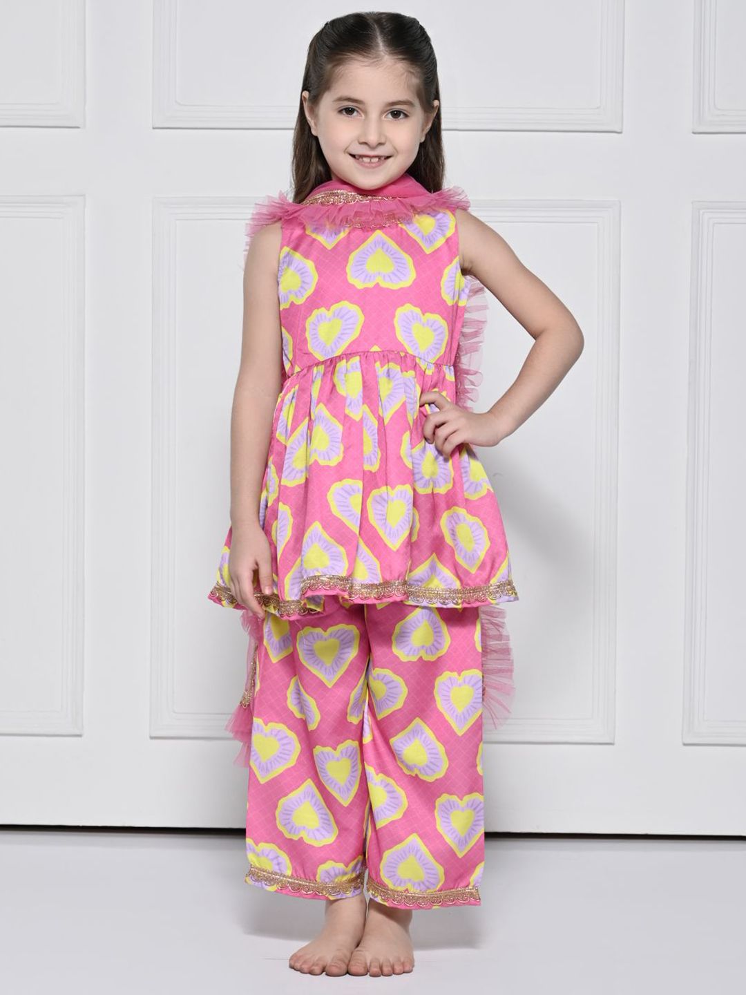 THE PONY & PEONY CO. Girls Floral Printed Gotta Patti Cotton Kurti with Palazzo & Dupatta-picture-10