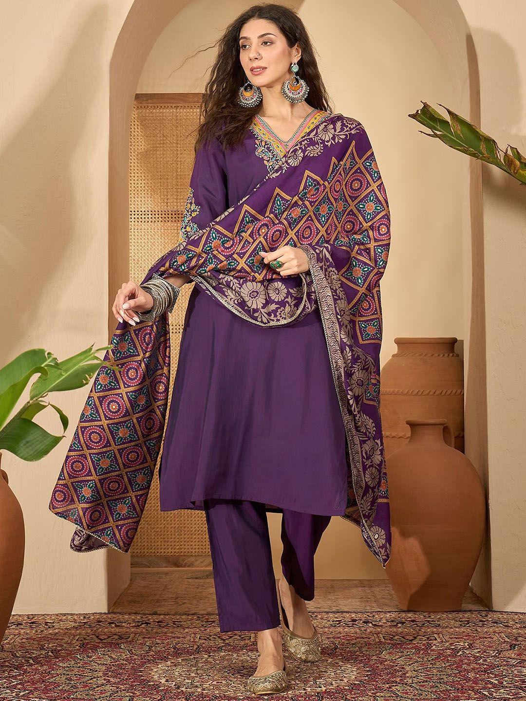 Sangria Women Embroidered Straight Kurta & Trousers With Dupatta