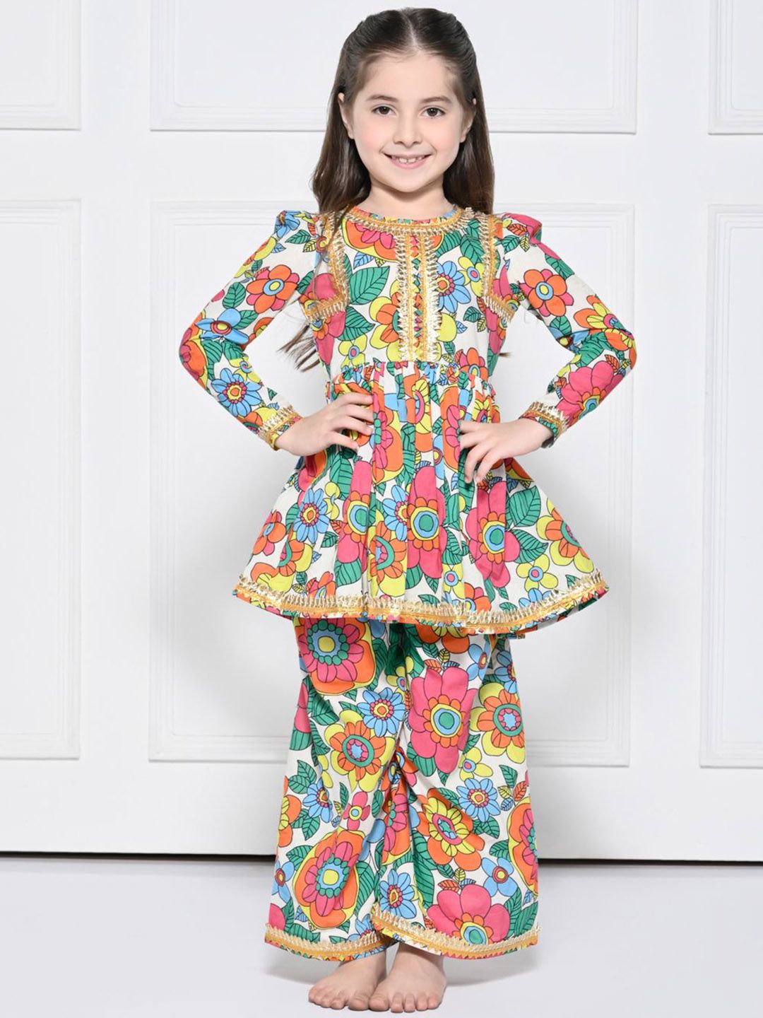 THE PONY & PEONY CO. Girls Floral Printed Cotton A-Line Kurti with Palazzos & Dupatta-picture-38