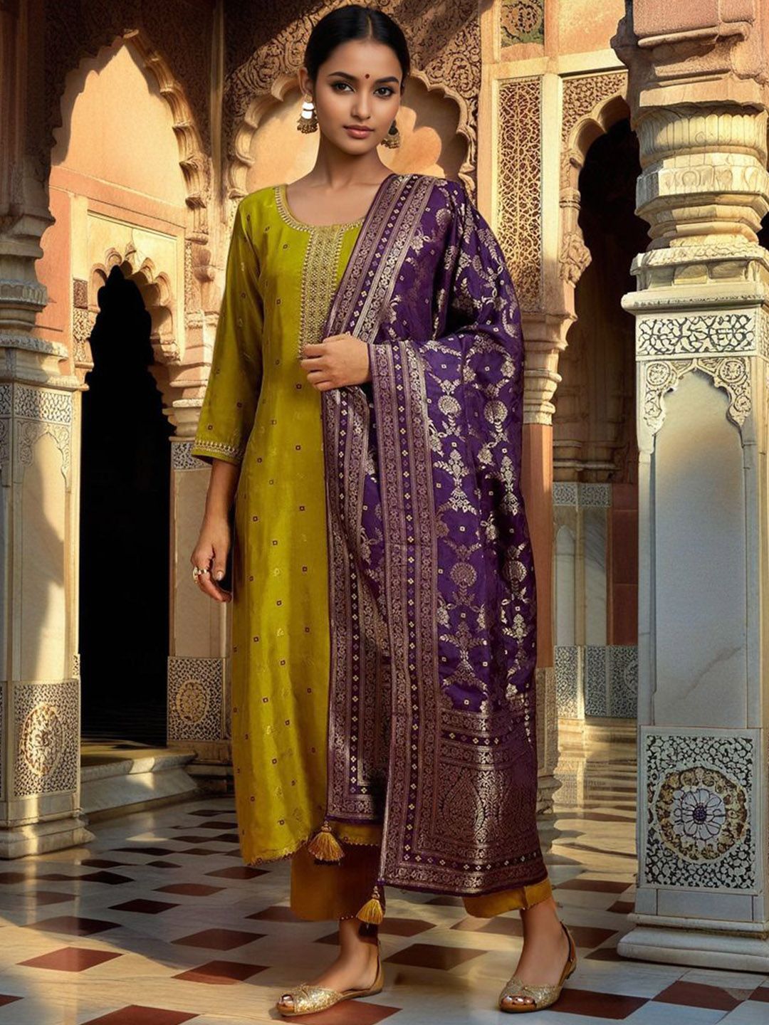 Twika Women Ethnic Motifs Woven Design Regular Kurta with Trousers & Dupatta