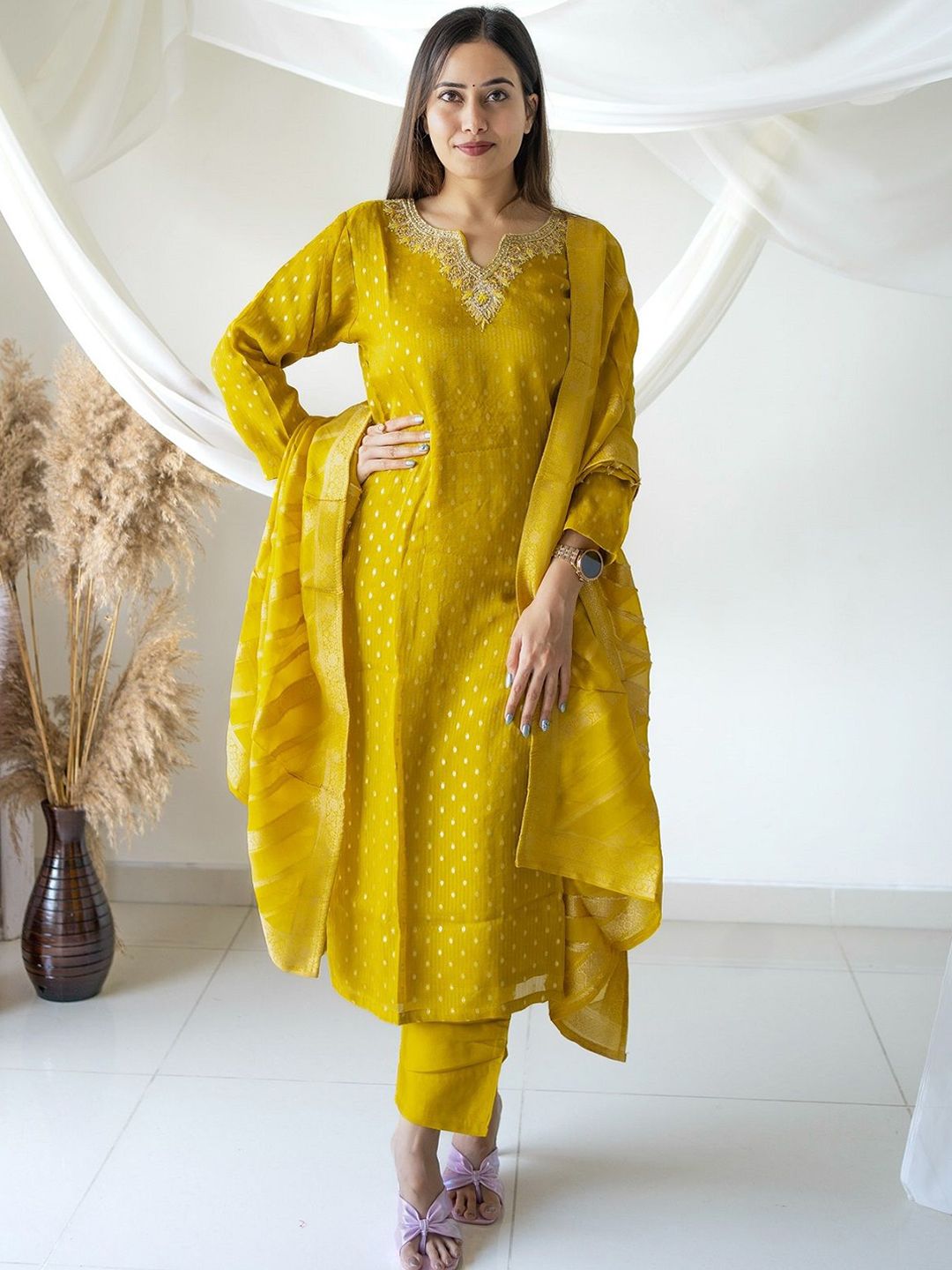 DWIJA FASHION Woven Design Notch Neck Thread Work Straight Kurta With Trousers & Dupatta-picture-24