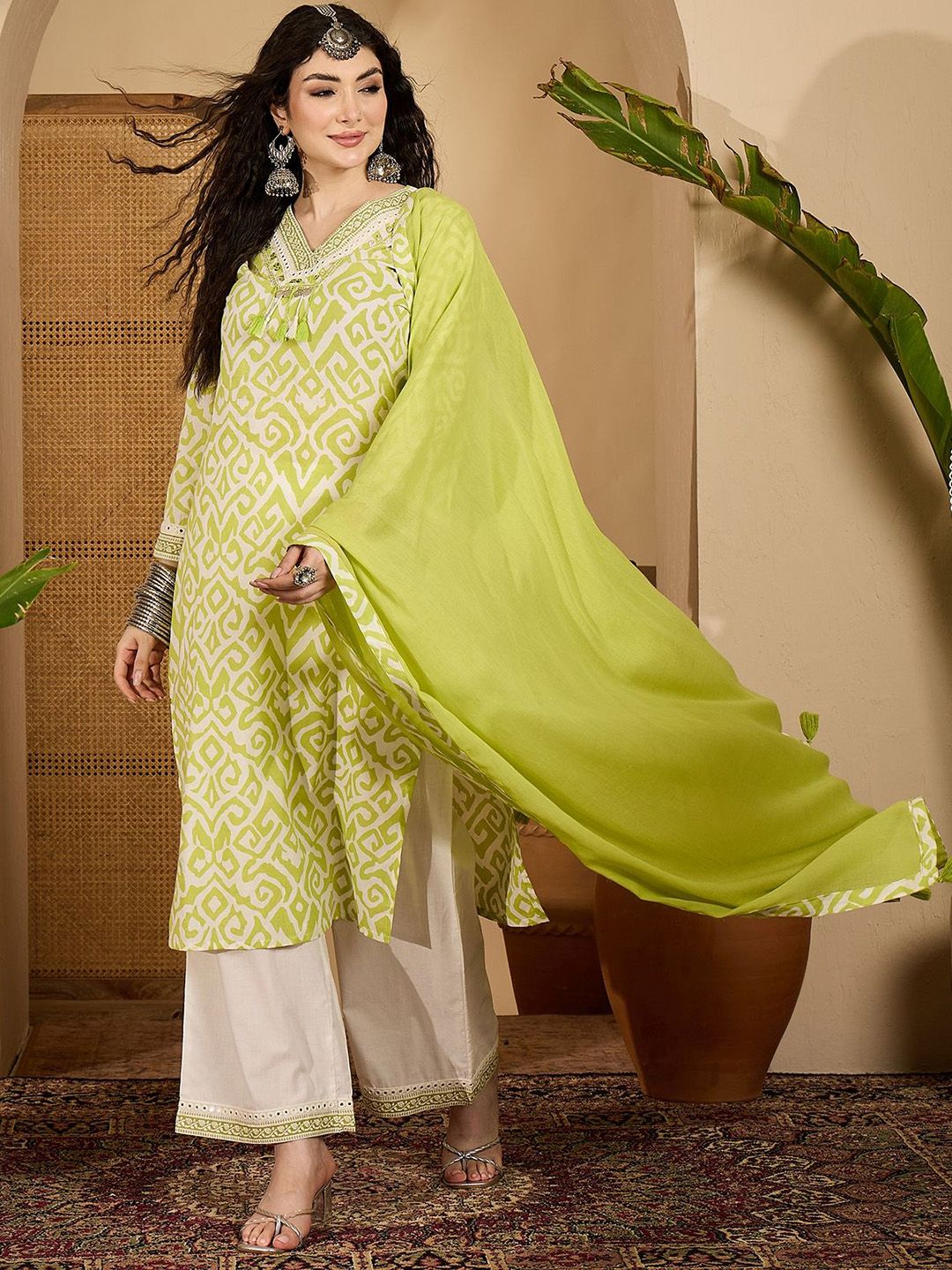 Sangria Women Geometric Printed Pure Cotton Kurta with Palazzo & Dupatta