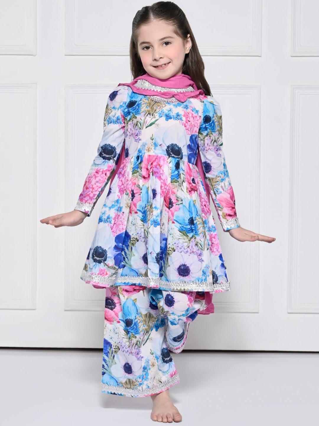 THE PONY & PEONY CO. Girls Floral Printed Pure Cotton Kurta With Palazzo & Dupatta-picture-13