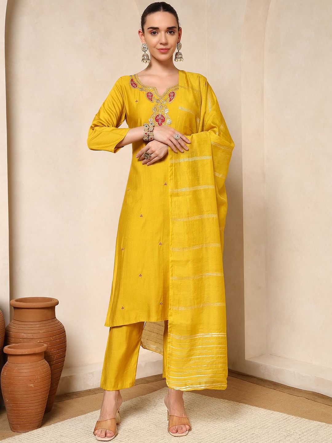 KALINI Ethnic Motifs Embroidered Straight Sequinned Kurta With Trousers & Dupatta