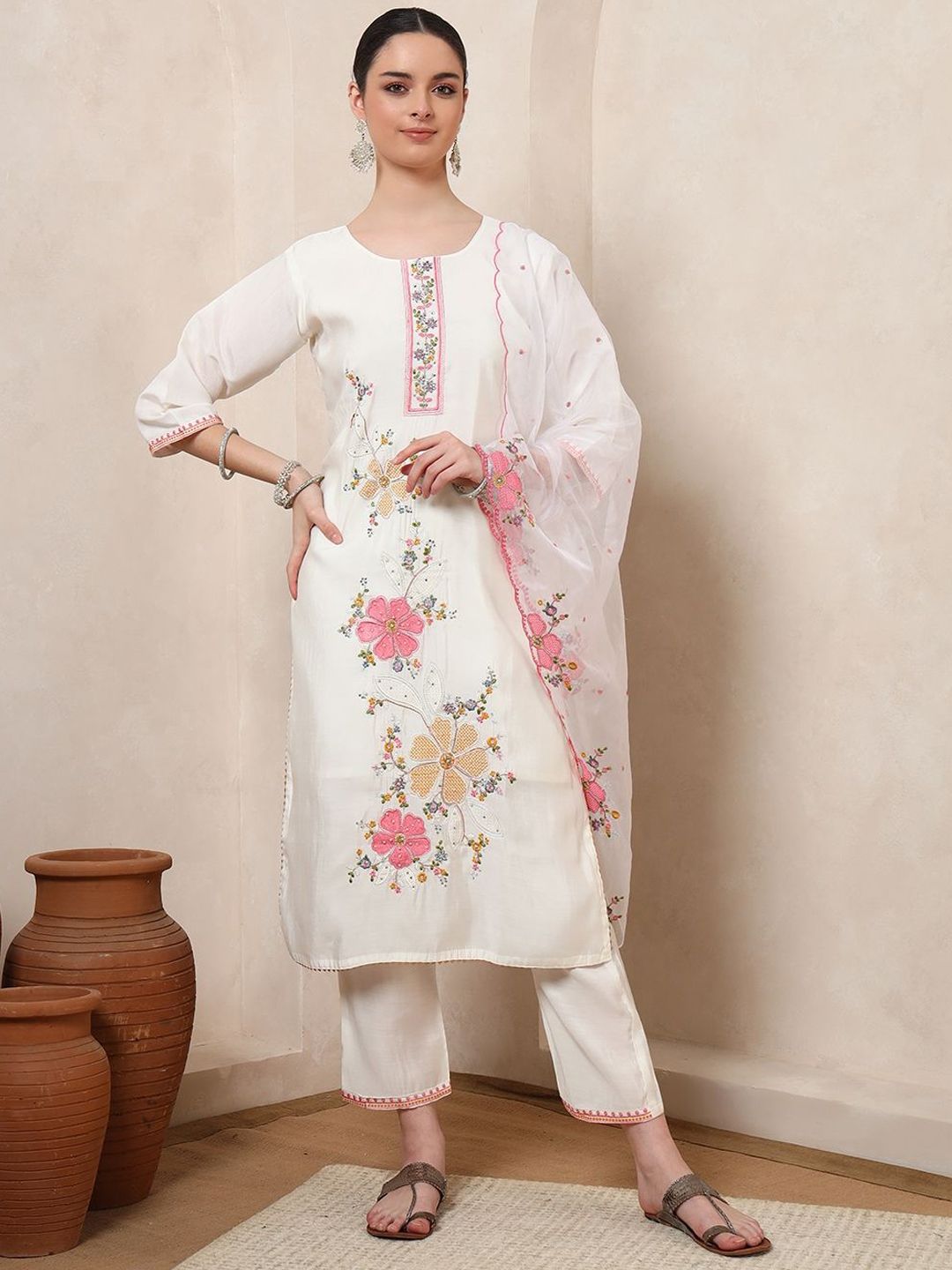 Spera Women Woven Design Embroidered Kurta with Trousers & Dupatta