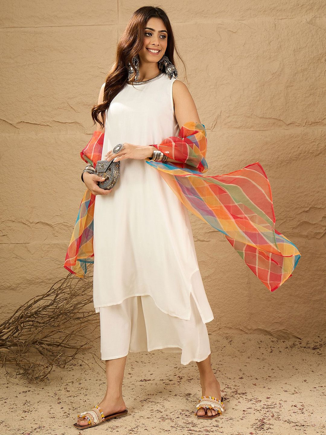 InWeave Women Solid A-Line Kurta with Palazzos & Dupatta