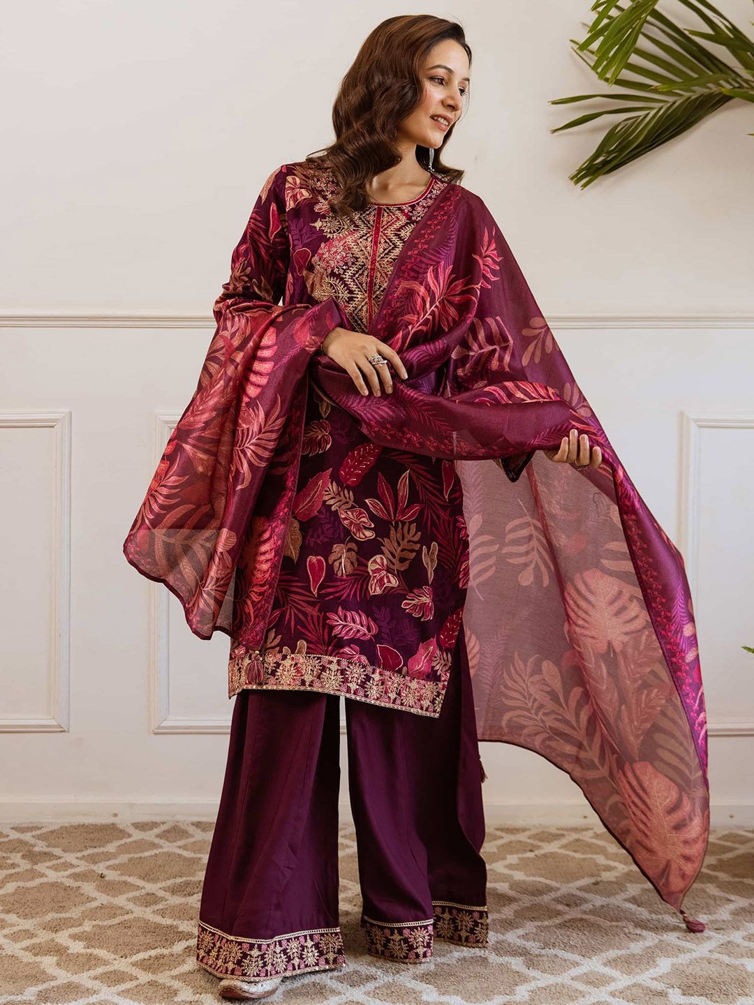 KALINI Floral Embroidered Straight Thread Work Kurta With Palazzos & Dupatta