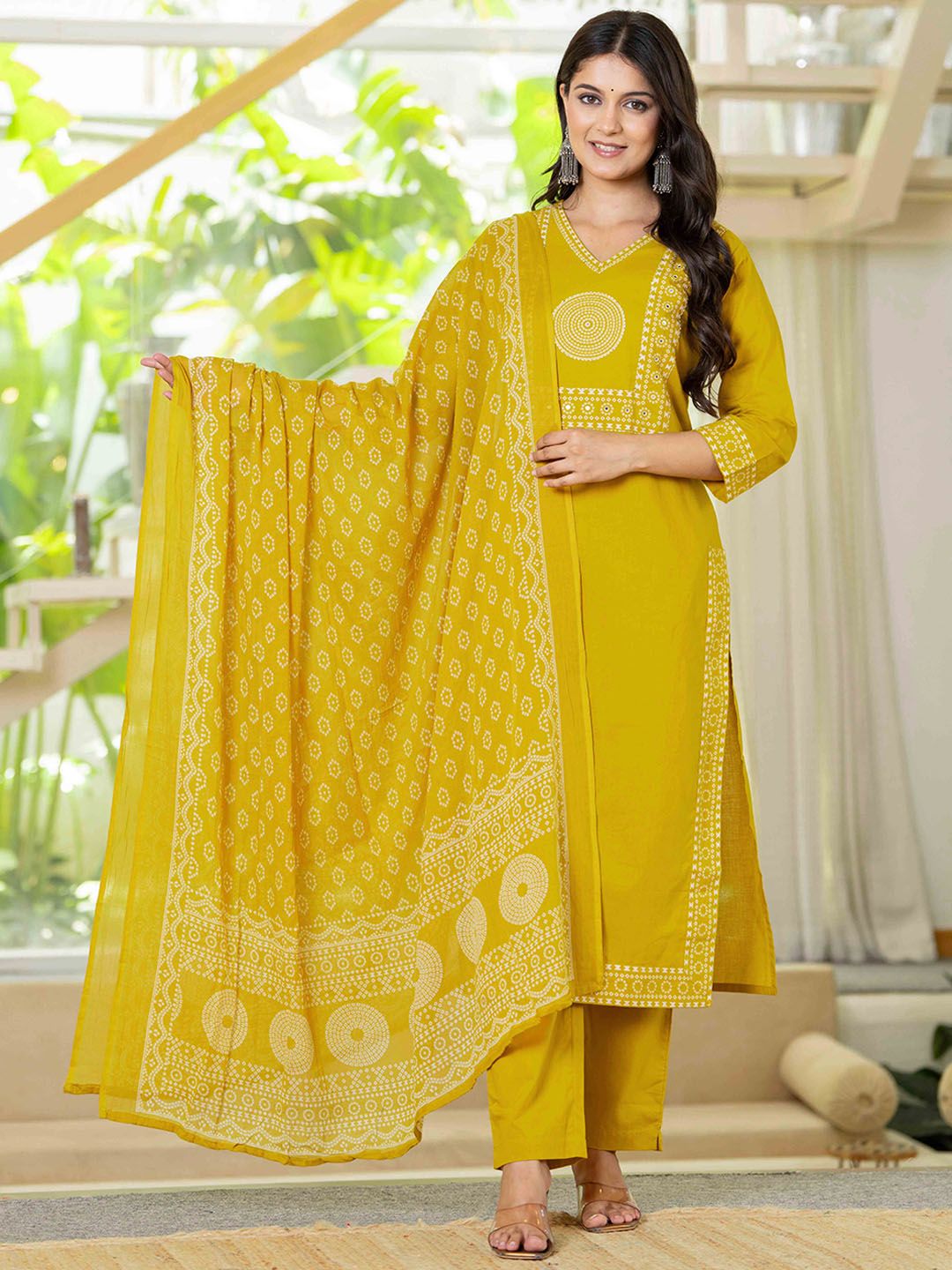 Pistaa Women Bandhani Yoke Design Regular Pure Cotton Kurta with Trousers & Dupatta