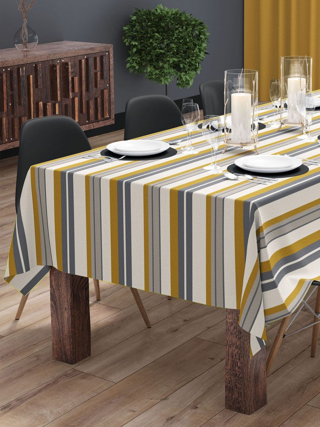 HOME COLORS.IN White Striped Cotton 8-Seater Table Cover-picture-27