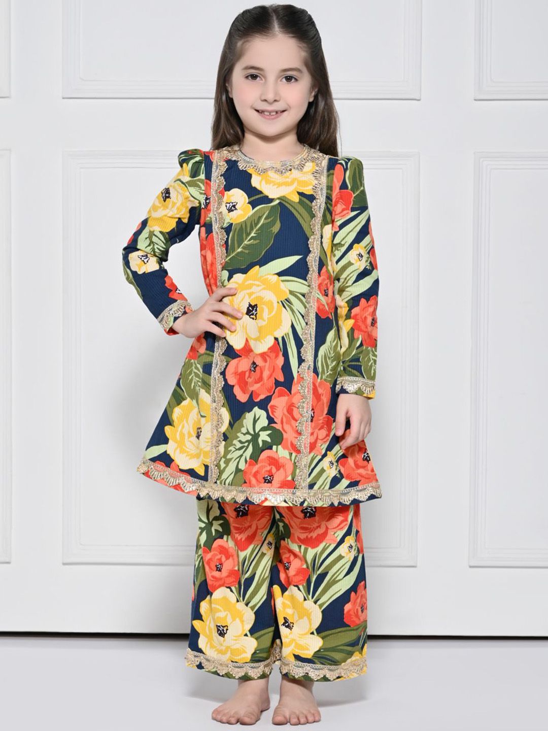 THE PONY & PEONY CO. Girls Floral Printed Cotton Kurta with Palazzos-picture-56