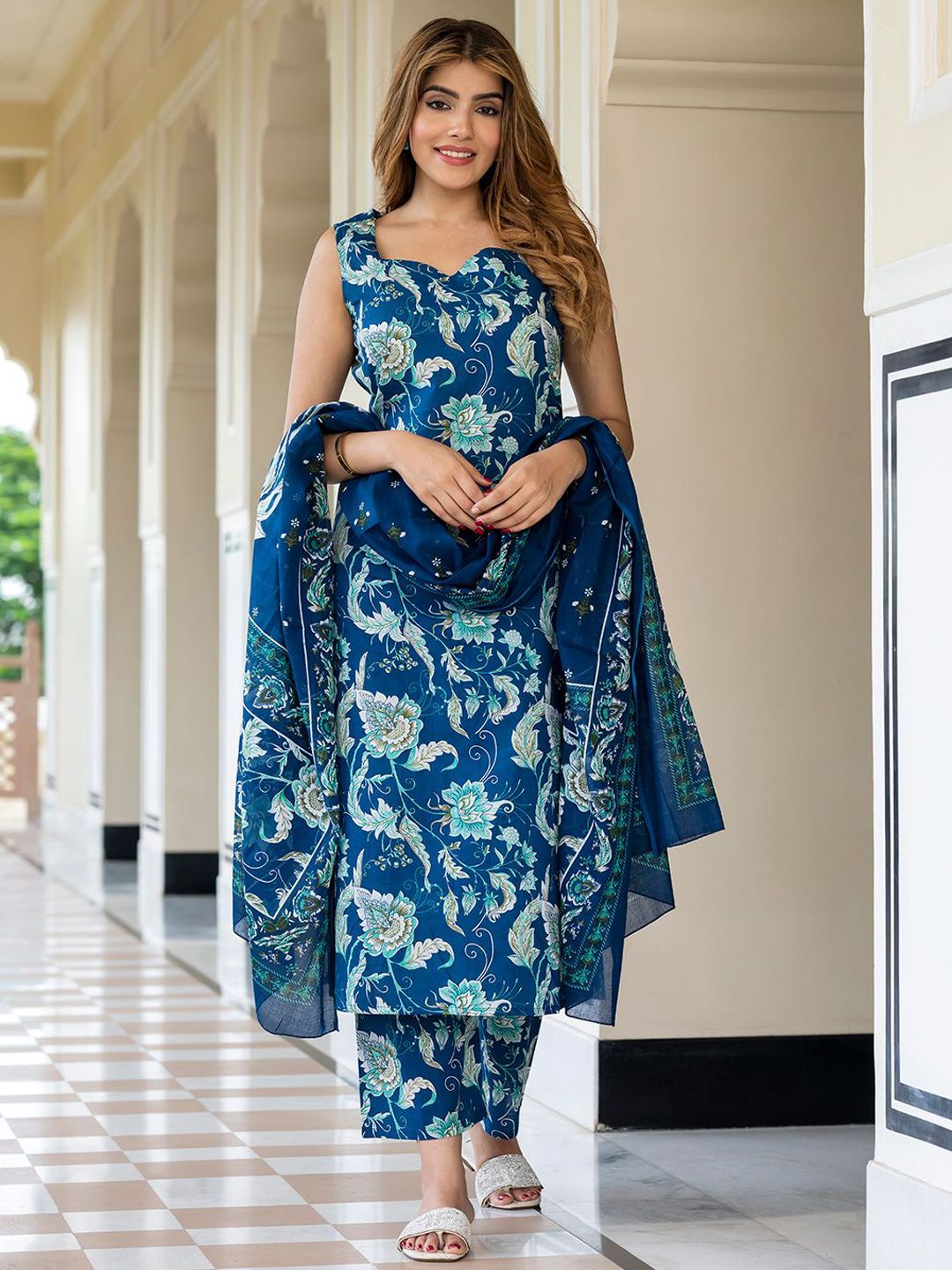 KALINI Floral Printed Straight Pure Cotton Kurta With Palazzos & Dupatta