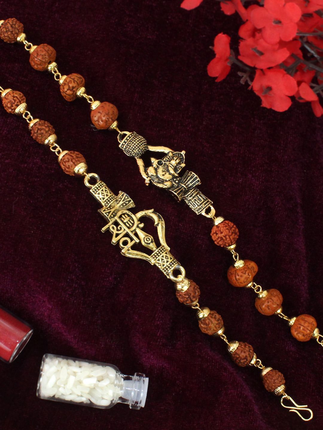 TIED RIBBONS Set Of 2 Rudhraksh Beaded Thread Rakhis With Roli Chawal & Greeting Card-picture-0