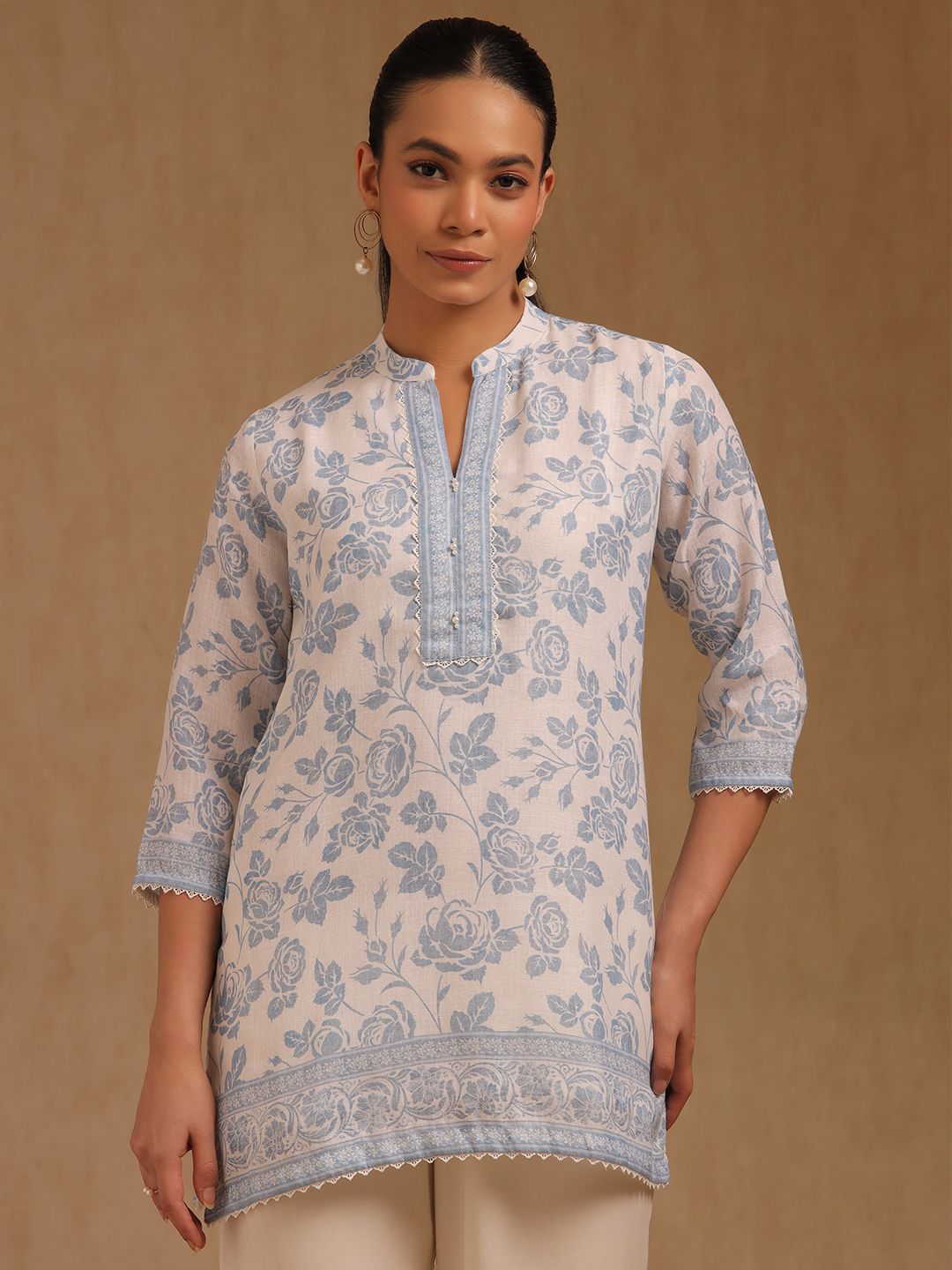 Soch Floral Printed Linen Pearl-Detail Straight Short Kurti-picture-23
