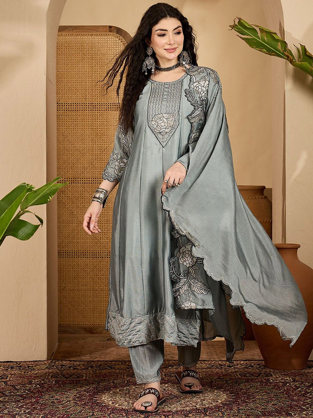 Sangria Women Embroidered A-Line Kurta With Trousers & Dupatta Kurta Sets