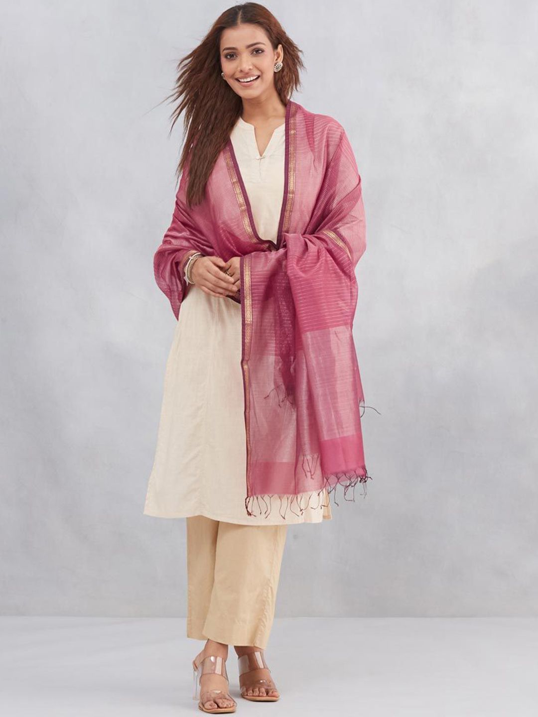 Fabindia Striped Woven Design Zari Cotton Silk Dupatta-picture-20