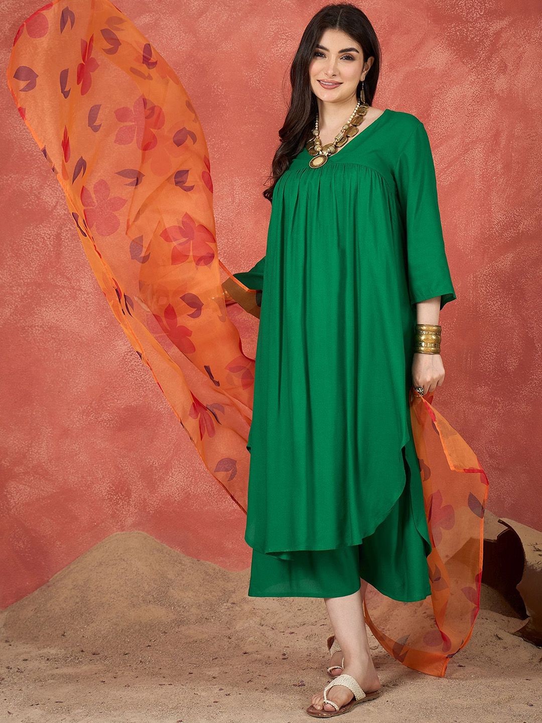 InWeave Women Solid A-Line Kurta with Palazzos & Dupatta-picture-42