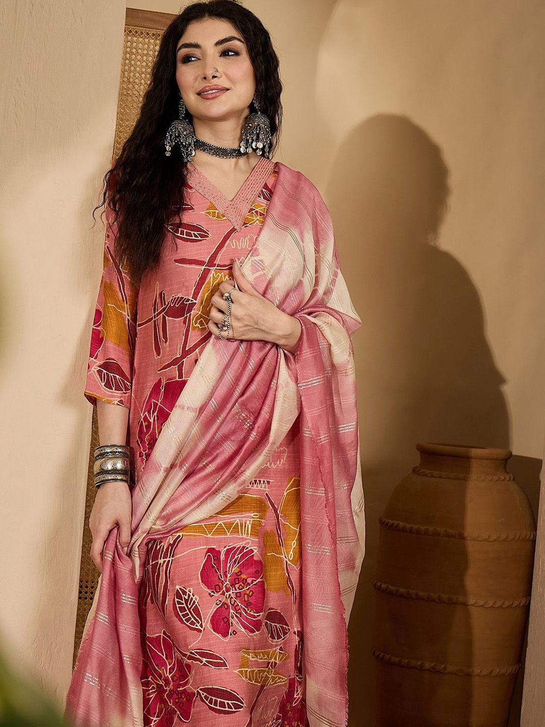 Sangria Floral Printed V-Neck Sequinned Straight Kurta With Trousers & Dupatta
