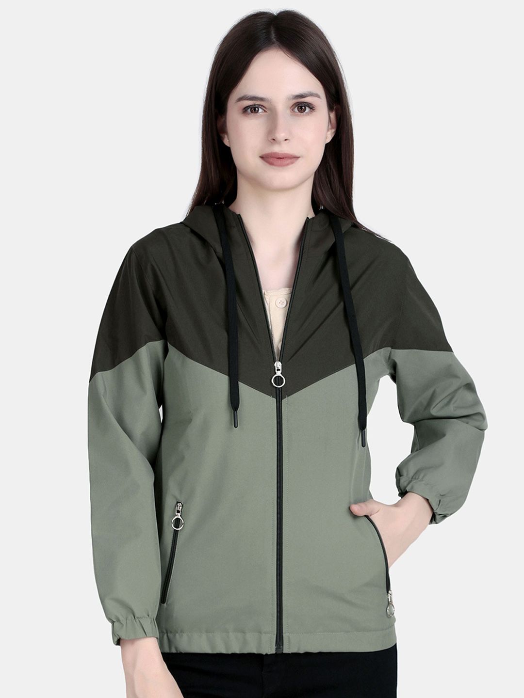 SPORTIZM Colourblocked Hooded Windcheater Outdoor Open Front Jacket