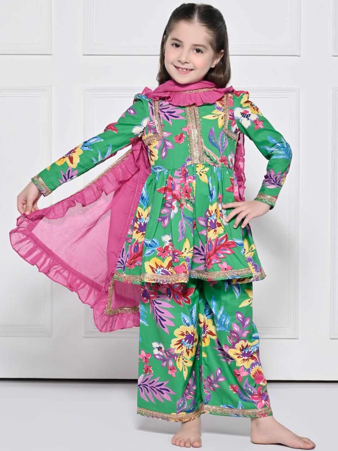 THE PONY & PEONY CO. Girls Floral Printed Pure Cotton Kurta With Palazzo & Dupatta-picture-44