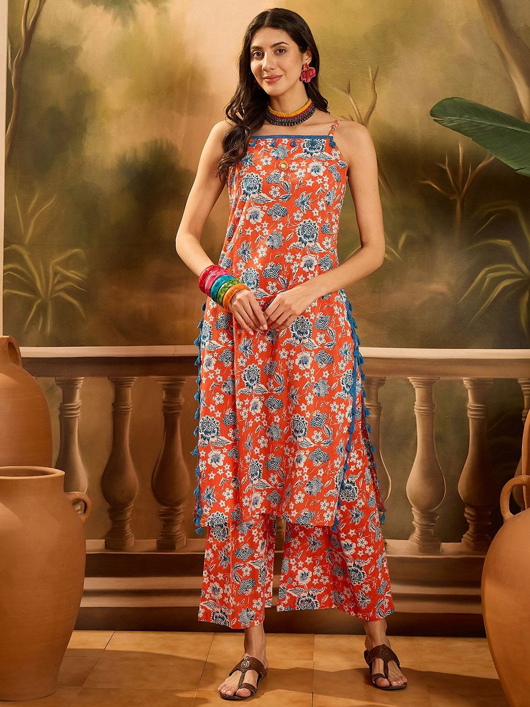 Sangria Women Floral Printed Cotton Straight Kurta with Palazzo Set