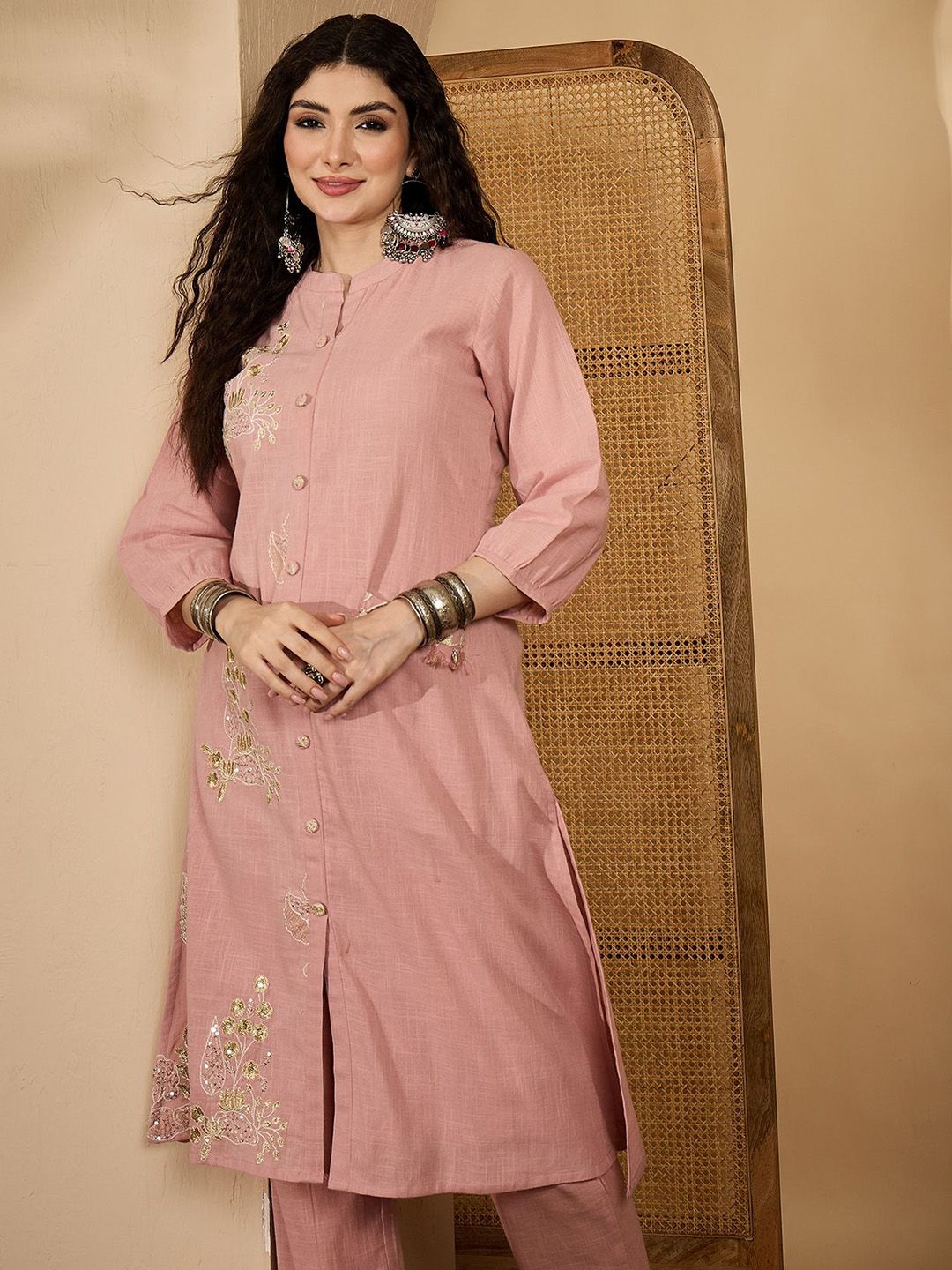 Sangria Embroidered A-Line Kurta With Trousers