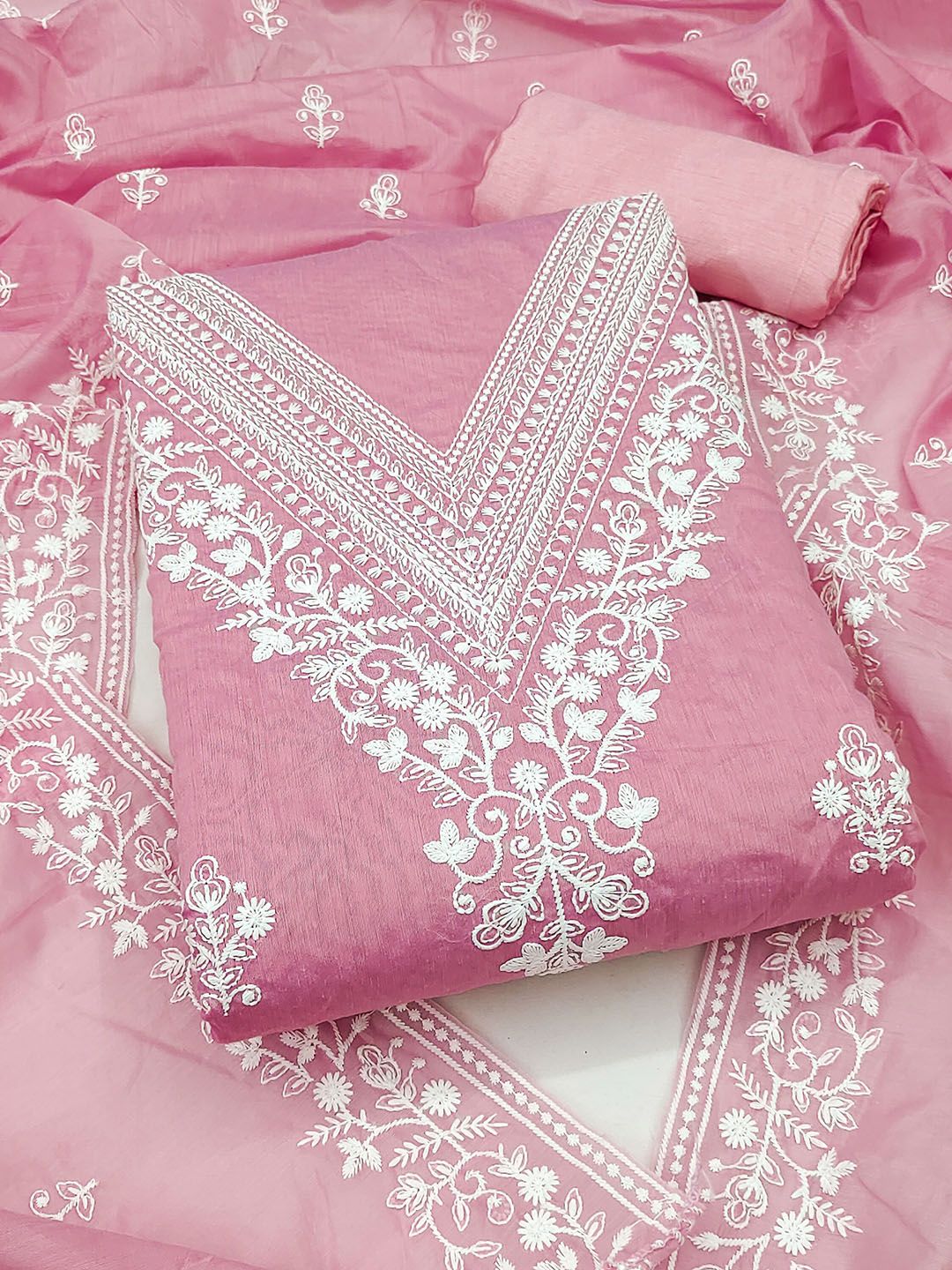 HERE&NOW Floral Embroidered Thread Work Chanderi Cotton Unstitched Dress Material