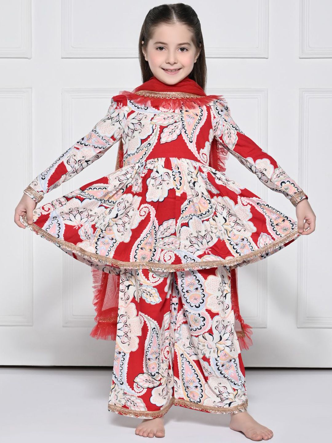 THE PONY & PEONY CO. Girls Ethnic Motifs Printed Cotton Kurta with Palazzos & Dupatta-picture-29