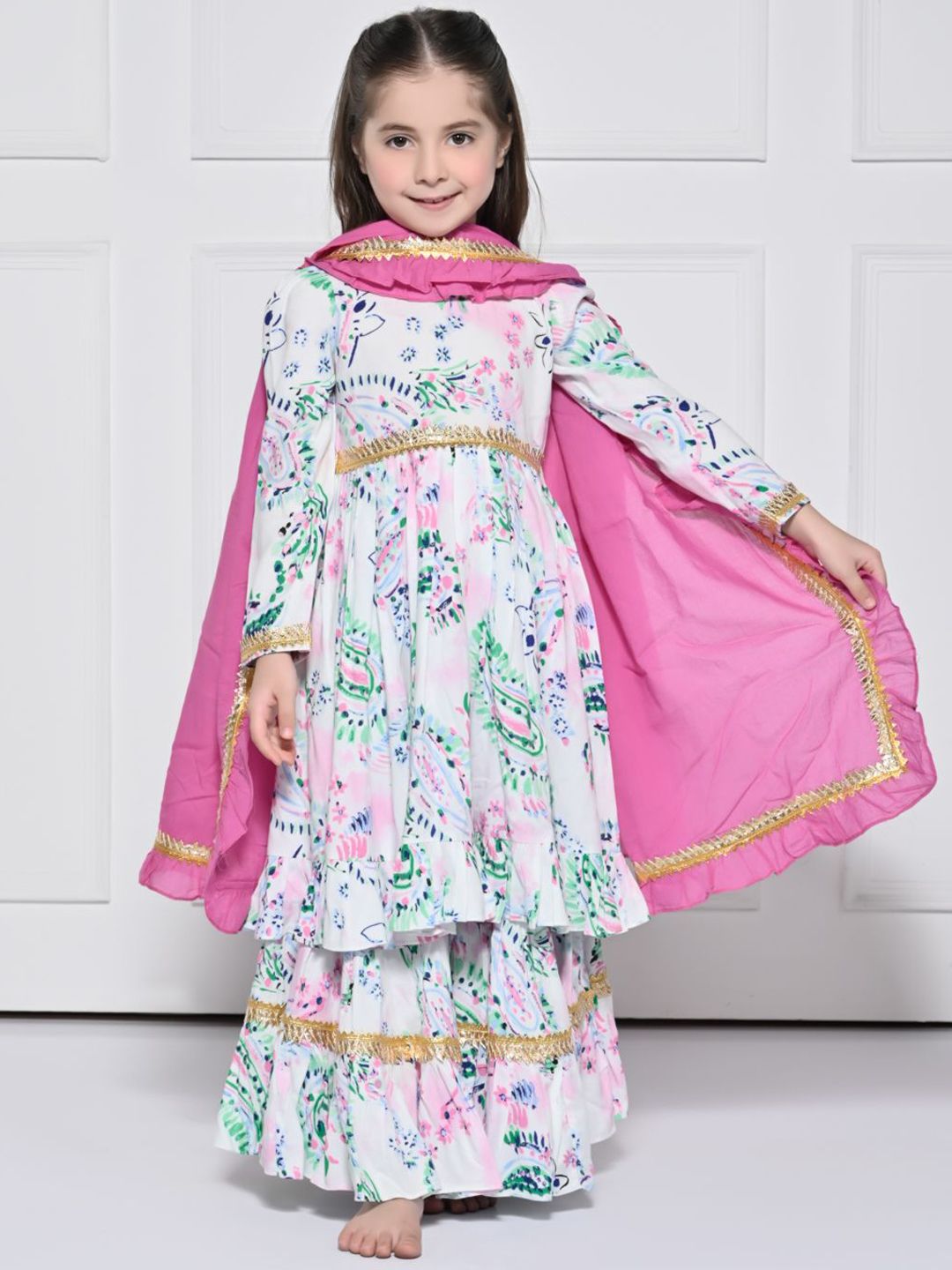 THE PONY & PEONY CO. Girls Floral Printed Cotton Kurta with Palazzos & Dupatta-picture-43
