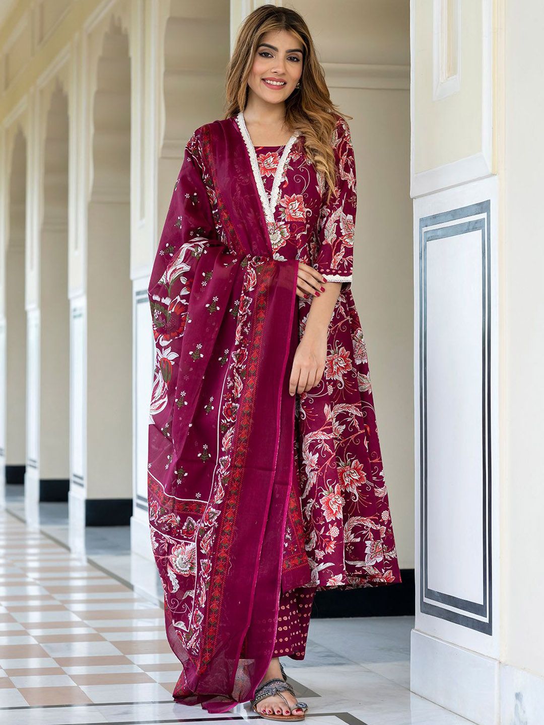 KALINI Women Ethnic Motifs Printed Pure Cotton Anarkali Kurta with Palazzos & Dupatta