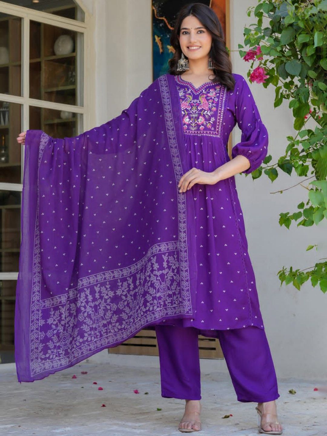 MILAAV Floral Printed V-Neck Anarkali Thread Work Kurta With Trousers & Dupatta
