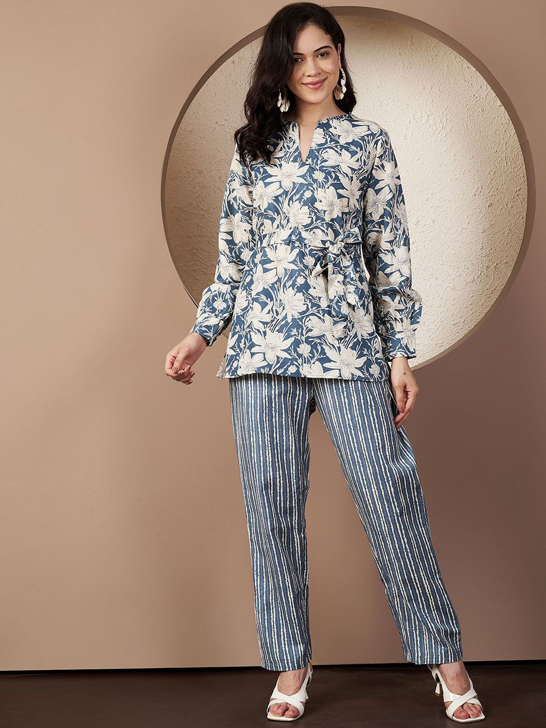 CORSICA Floral Printed V-Neck Pure Cotton Top With Trousers Co-Ords