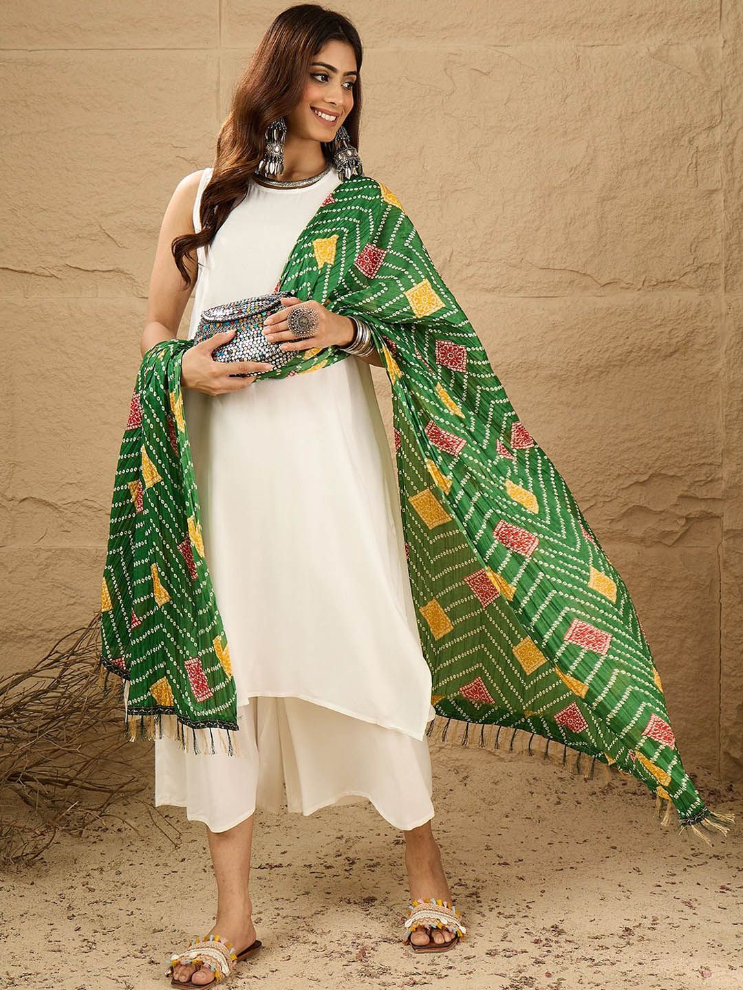 InWeave Women Solid A-Line Kurta with Palazzos & Dupatta