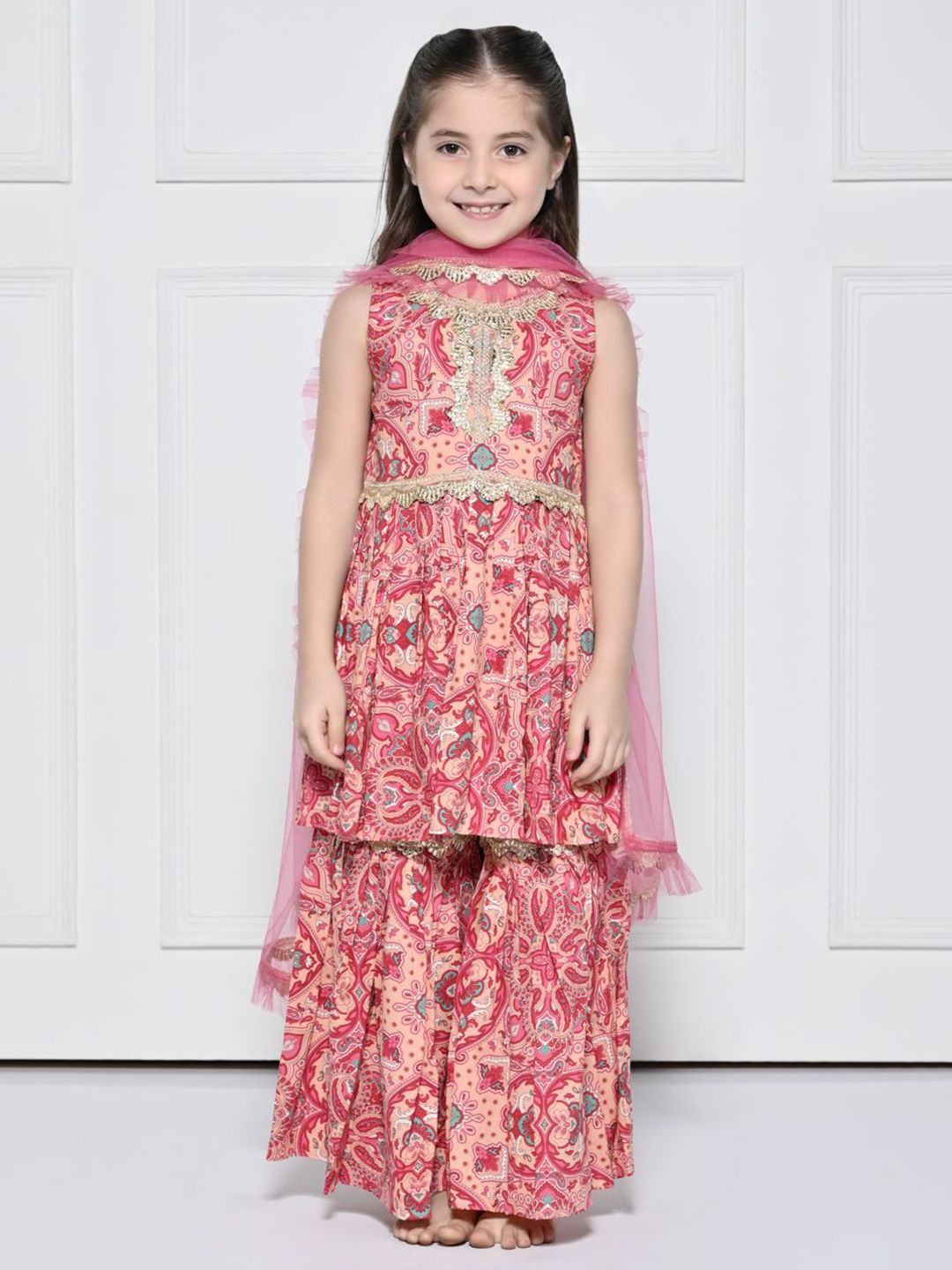 THE PONY & PEONY CO. Girls Ethnic Motifs Printed Kurta With Sharara & Dupatta-picture-41