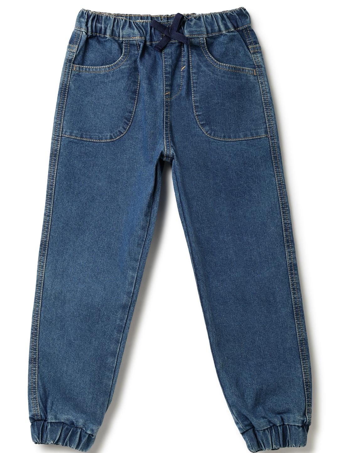 TALES & STORIES Girls Blue Solid Denim Mid-Rise Drawstring Joggers