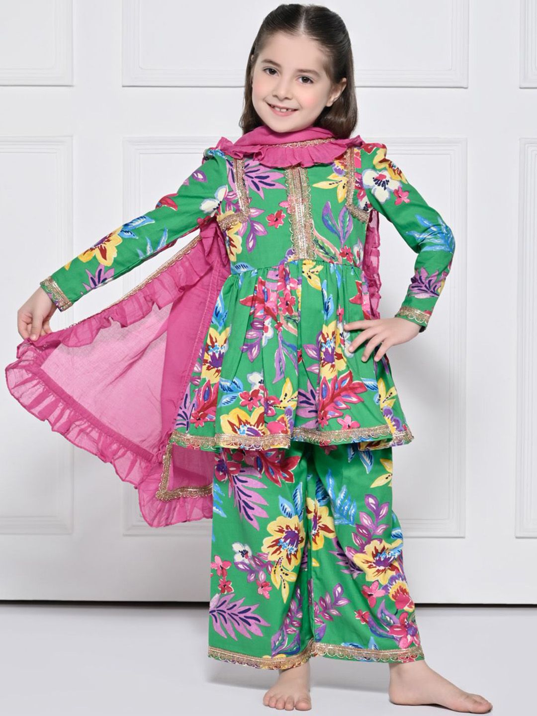 THE PONY & PEONY CO. Girls Floral Printed Cotton A-Line Kurta with Palazzos & Dupatta-picture-18