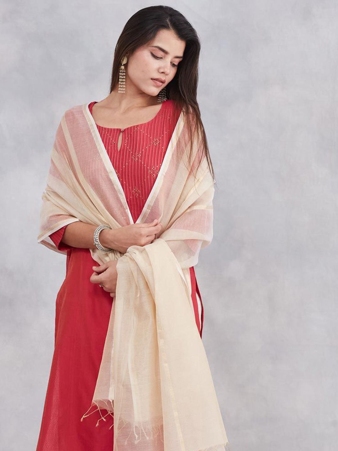 Fabindia Striped Woven Design Zari Cotton Silk Dupatta-picture-17